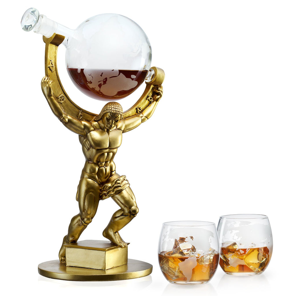 Atlas Bronze World Globe Whiskey Decanter Set - 15" Tall