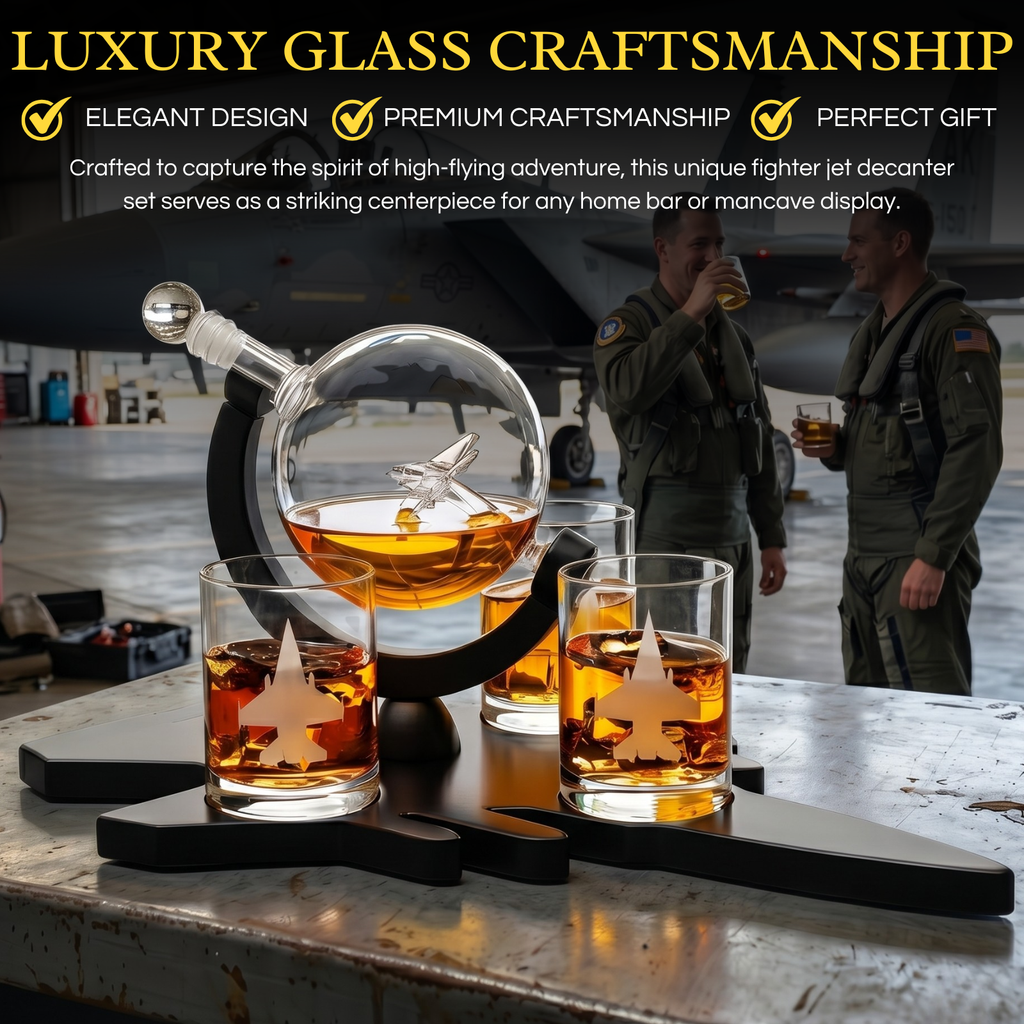 F16 Whiskey Decanter Set With 4 Fighter Jet Whiskey Glasses By