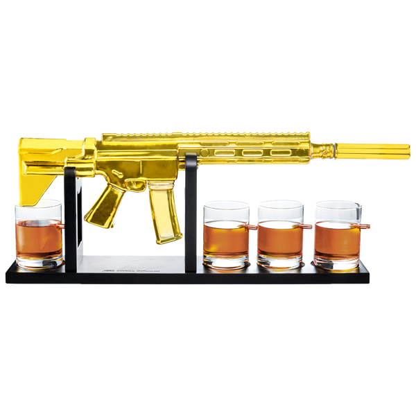 AR15 Gold Whiskey Decanter Set with 4 Bullet Whiskey Glasses