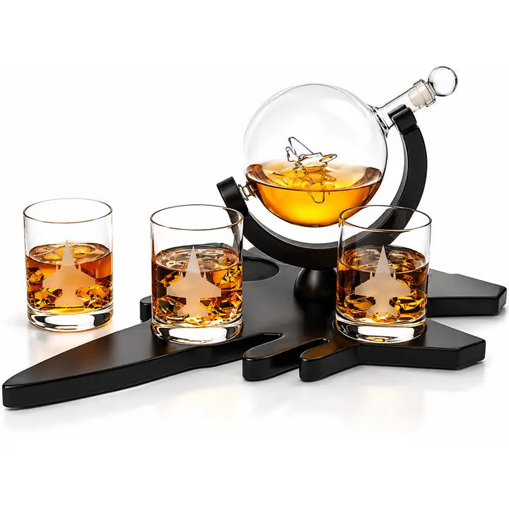 F16 Whiskey Decanter Set With 4 Fighter Jet Whiskey Glasses By