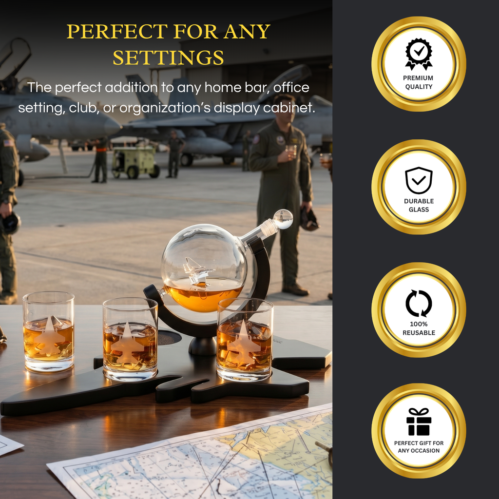 F16 Whiskey Decanter Set With 4 Fighter Jet Whiskey Glasses By
