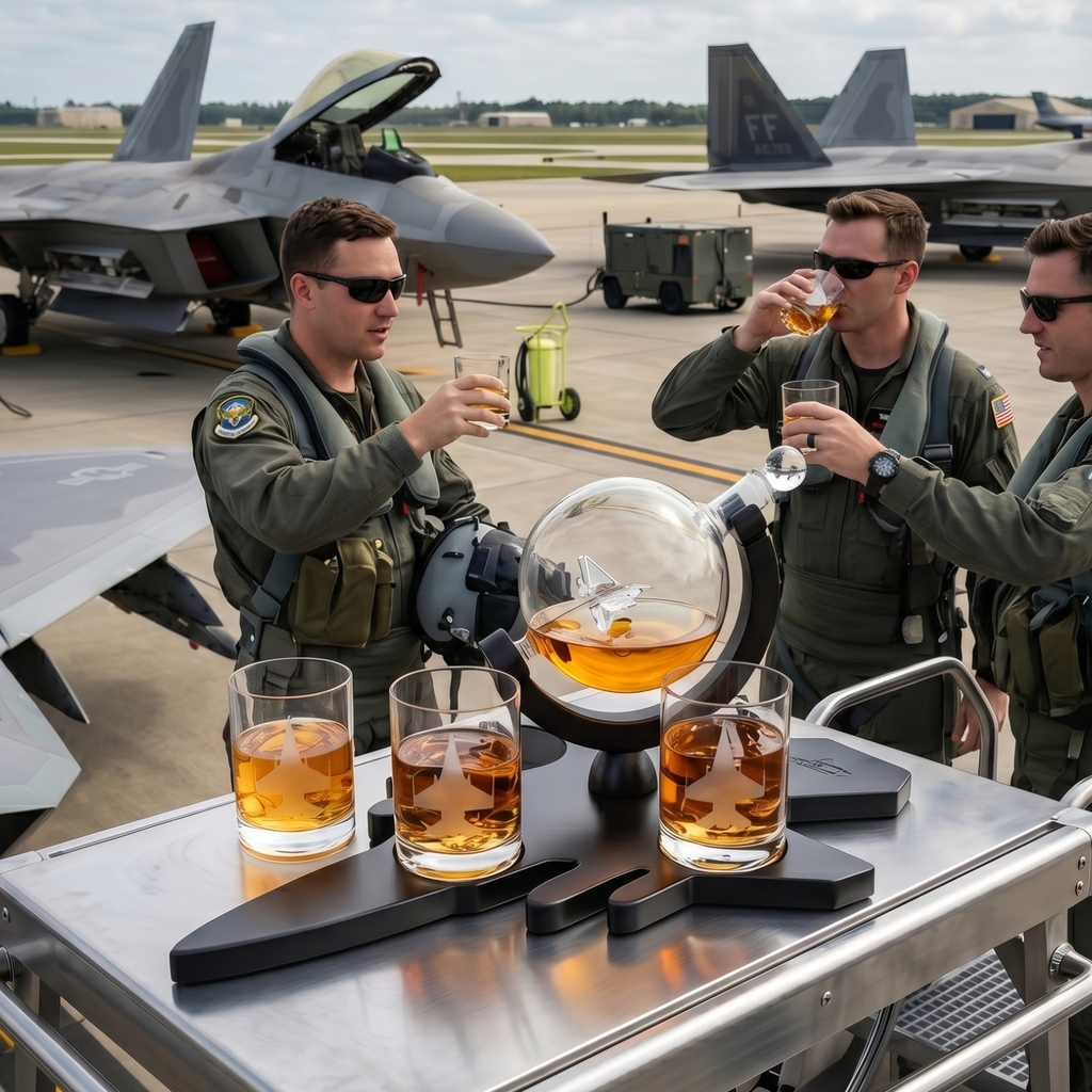 F16 Whiskey Decanter Set With 4 Fighter Jet Whiskey Glasses By