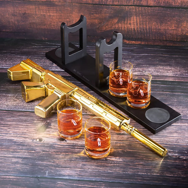 AR15 Gold Whiskey Decanter Set with 4 Bullet Whiskey Glasses