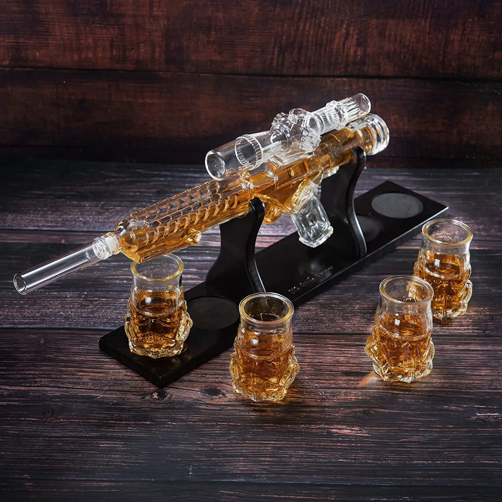 Blaster Force Gun Whiskey & Wine Decanter Set Glasses