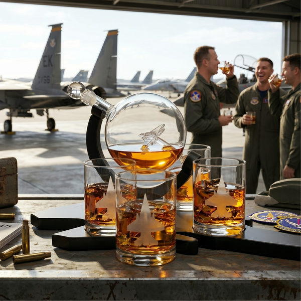 F16 Whiskey Decanter Set With 4 Fighter Jet Whiskey Glasses By