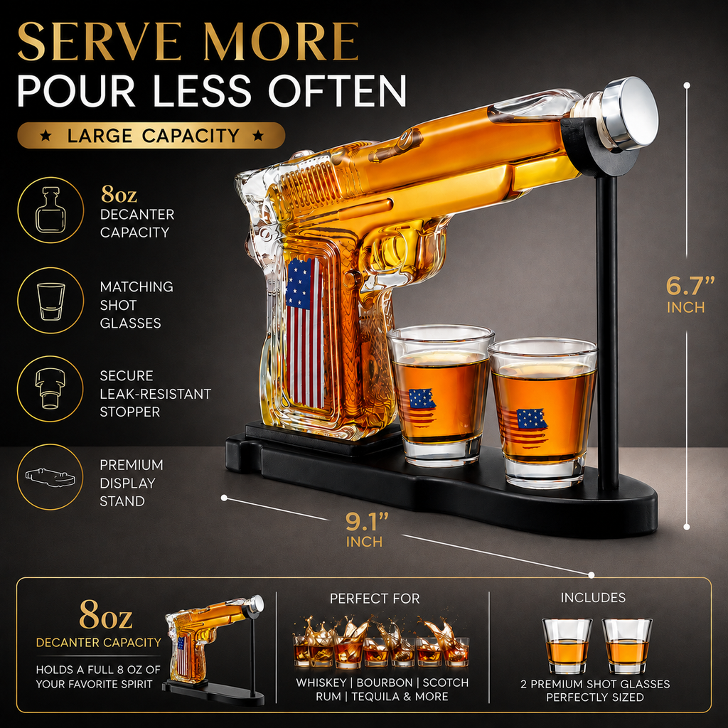 Gifts For Men Dad Father Whiskey Decanter Set 8 Oz With Two 2 Oz Glasses American Flag Pistol Gun An