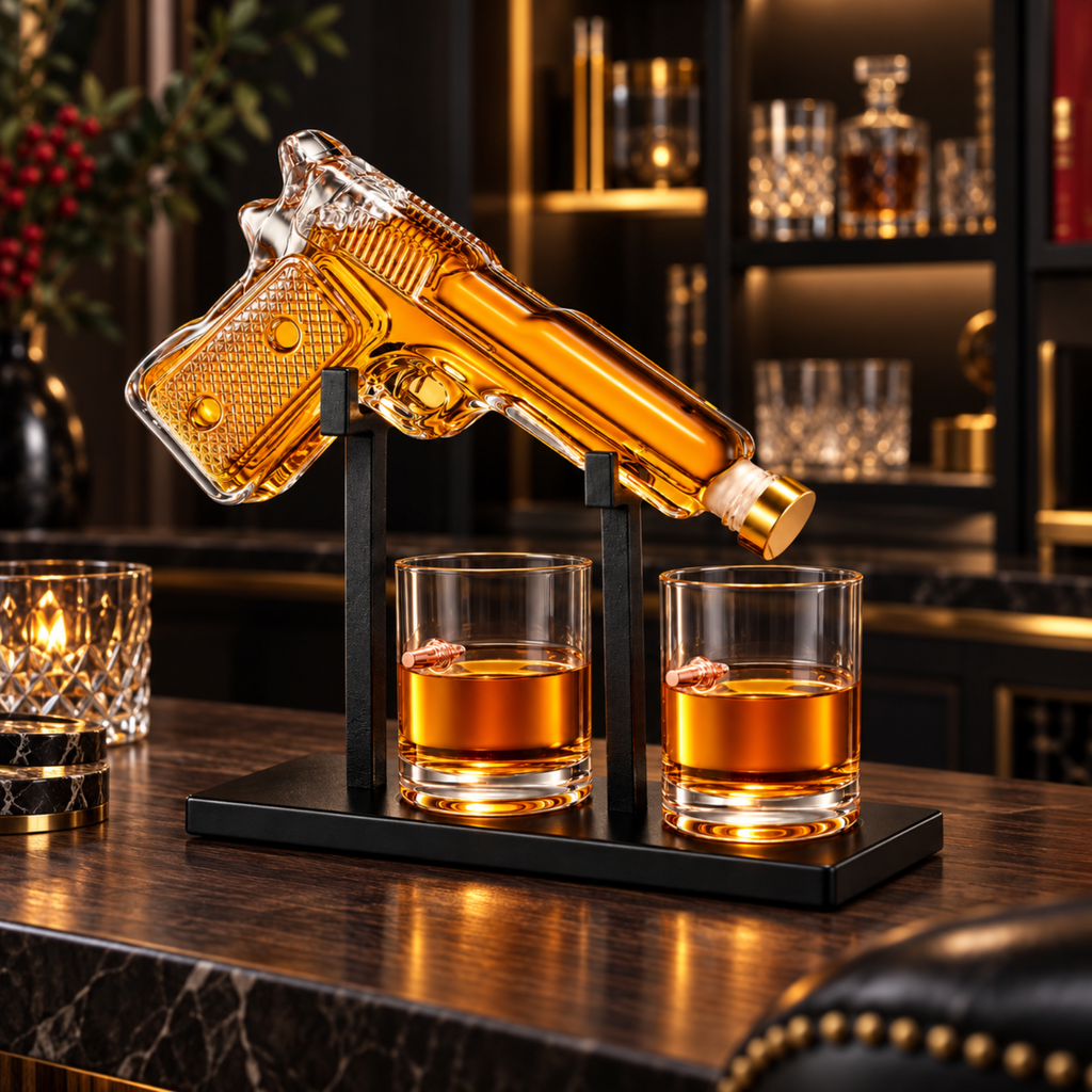 Pistol Whiskey Decanter Set 7 7 Oz With Two 10 5 Oz Glasses Premium Barware Gift