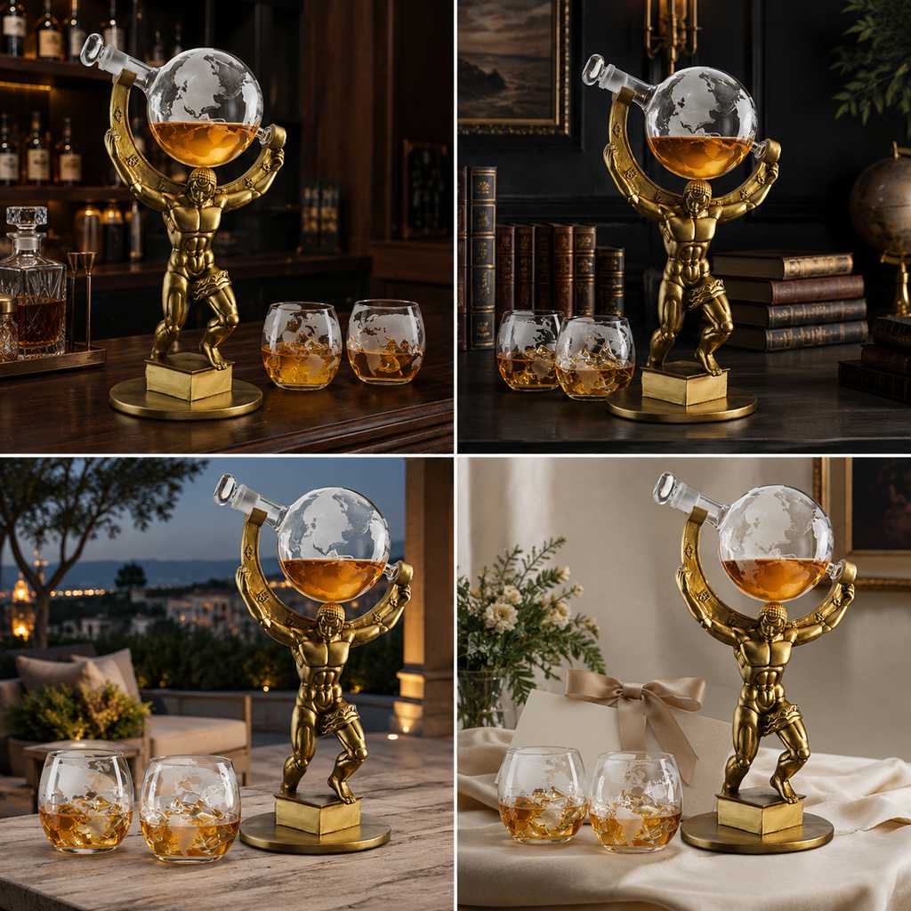 Atalas Bronze World Globe Whiskey Decanter Premium Barware Gift