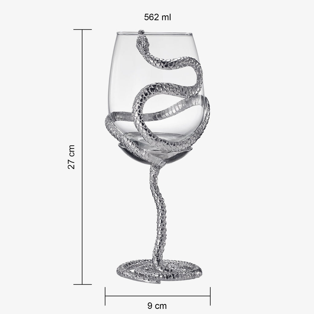 Stemmed Snake Wine Glass | Set of 2 | 19oz Spooky Reptile Glasses 10" H (Silver)