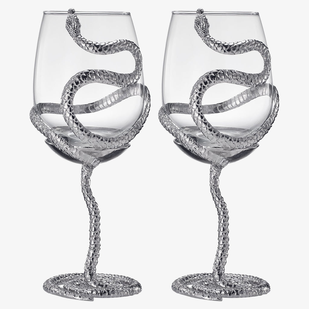 Stemmed Snake Wine Glass | Set of 2 | 19oz Spooky Reptile Glasses 10" H (Silver)