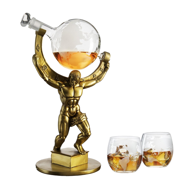Atlas Bronze World Globe Whiskey Decanter Set - 15" Tall