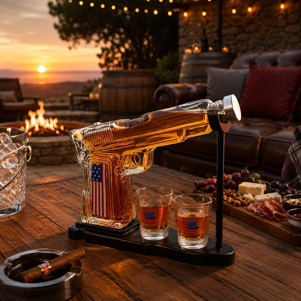 Gifts For Men Dad Father Whiskey Decanter Set 8 Oz With Two 2 Oz Glasses American Flag Pistol Gun An