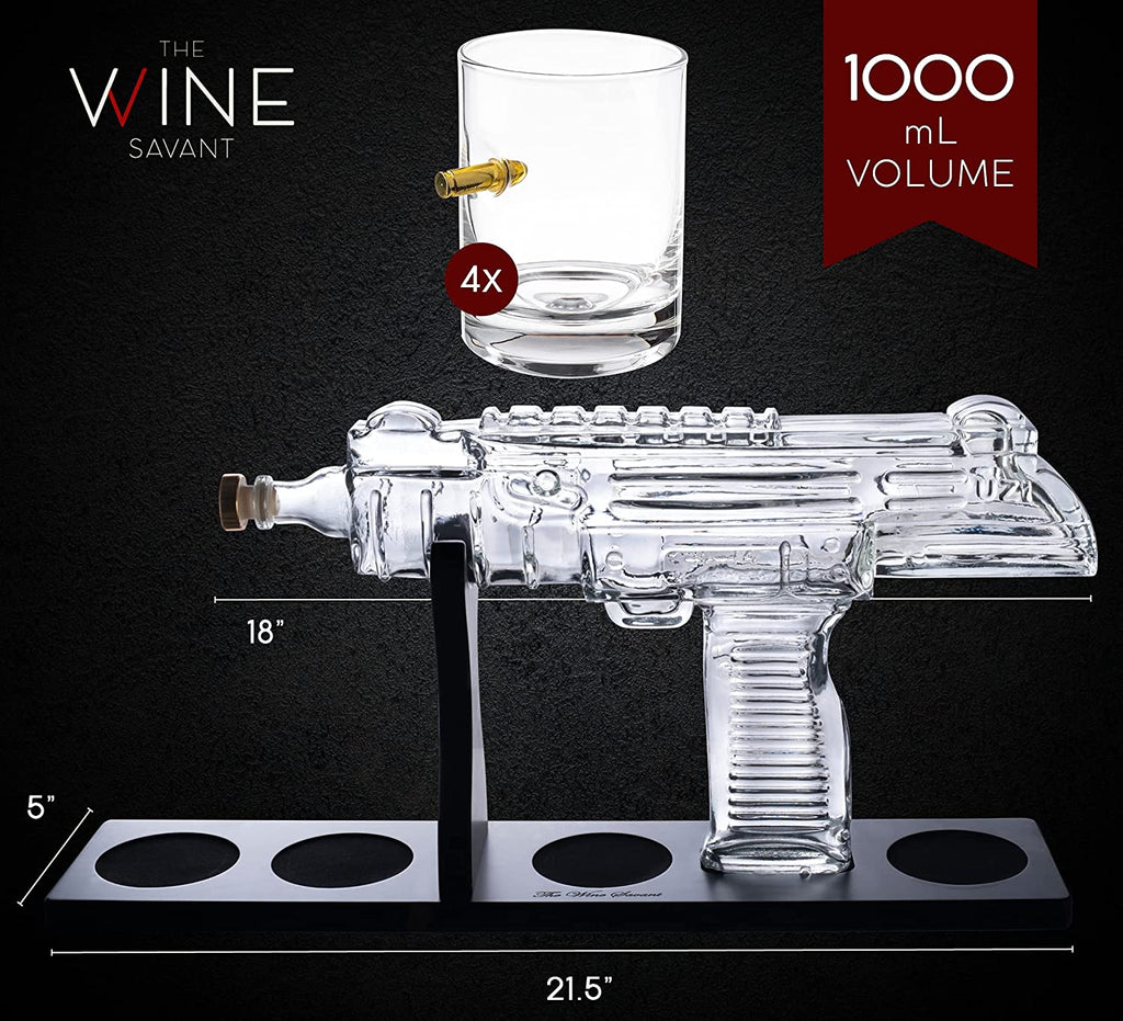 Uzi Submachine Gun Whiskey Gun Decanter and 4 Liquor Glasses