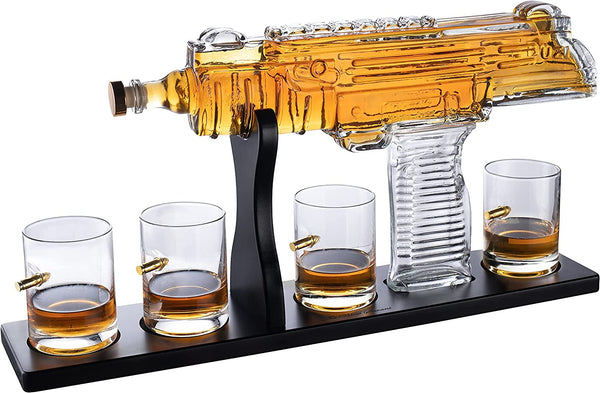 Uzi Submachine Gun Whiskey Gun Decanter and 4 Liquor Glasses