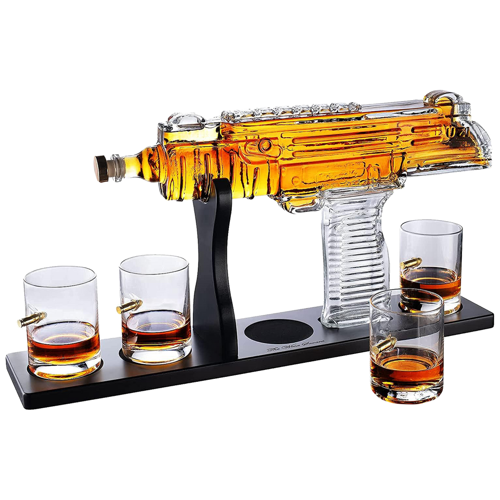Uzi Submachine Gun Whiskey Gun Decanter and 4 Liquor Glasses