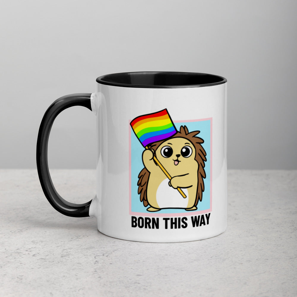 Born This Way LGBT Pride Cartoon Porcupine and Dinosaur Mug with Color Inside - Proud Libertarian - Cartoons of Liberty