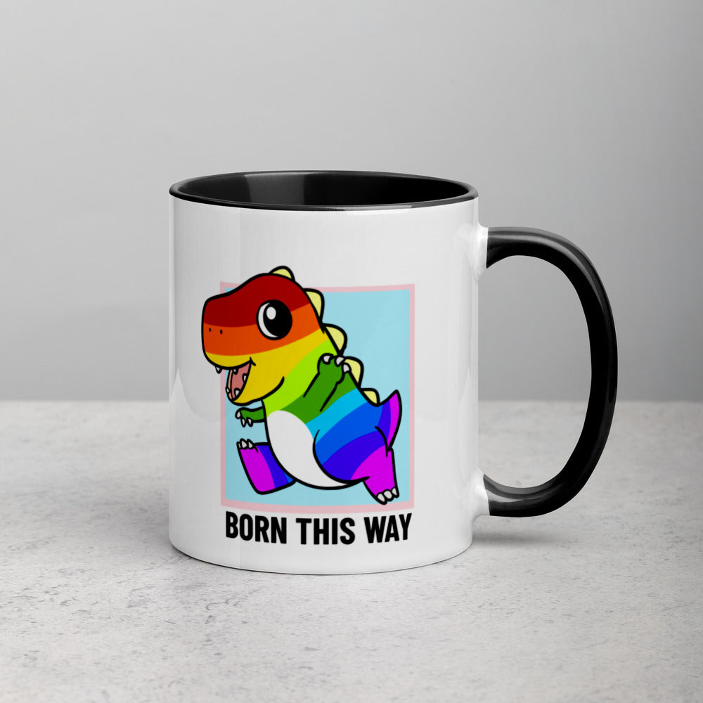 Born This Way LGBT Pride Cartoon Porcupine and Dinosaur Mug with Color Inside - Proud Libertarian - Cartoons of Liberty