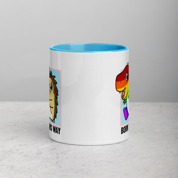 Born This Way LGBT Pride Cartoon Porcupine and Dinosaur Mug with Color Inside - Proud Libertarian - Cartoons of Liberty