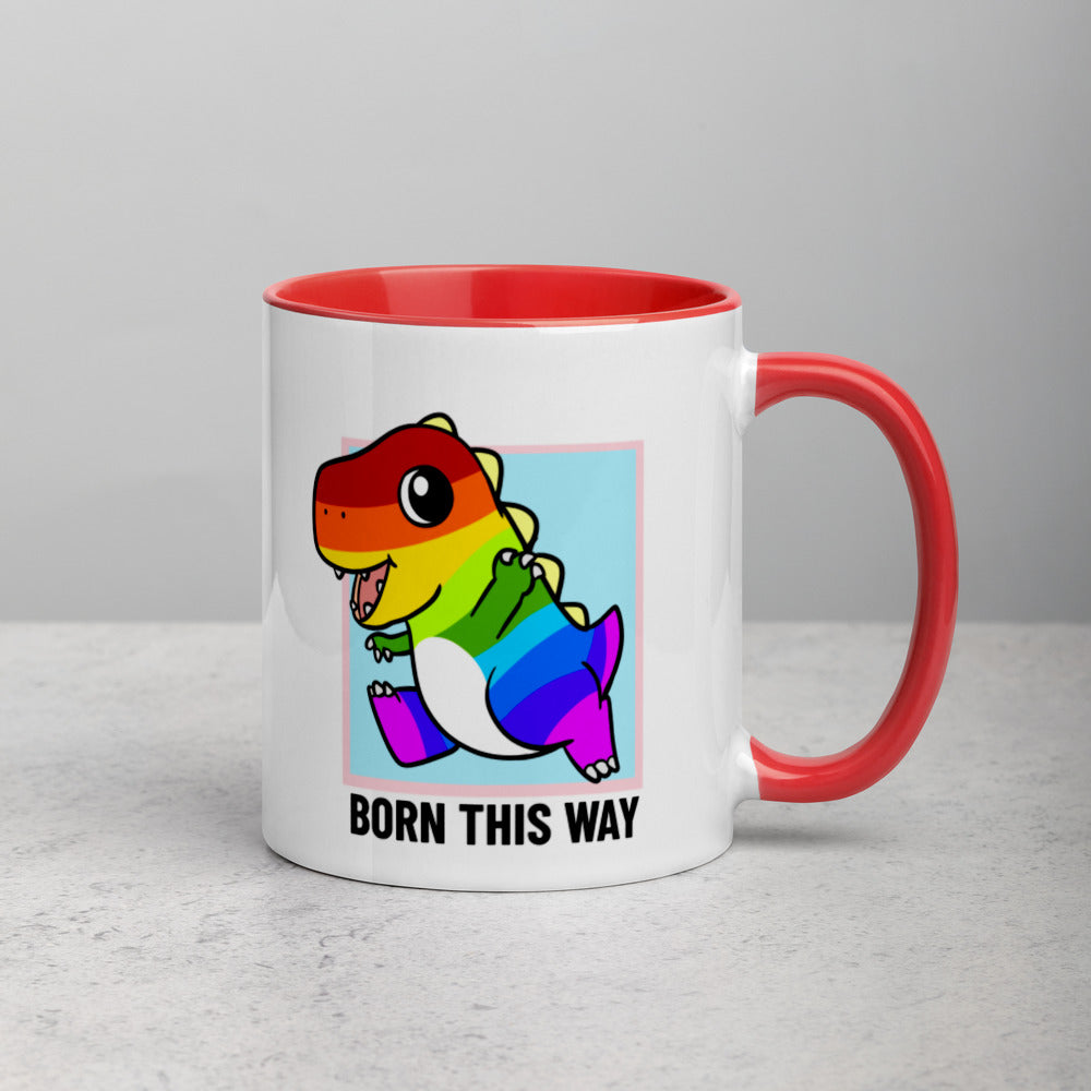 Born This Way LGBT Pride Cartoon Porcupine and Dinosaur Mug with Color Inside - Proud Libertarian - Cartoons of Liberty