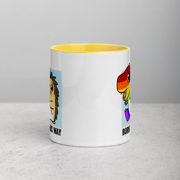 Born This Way LGBT Pride Cartoon Porcupine and Dinosaur Mug with Color Inside - Proud Libertarian - Cartoons of Liberty