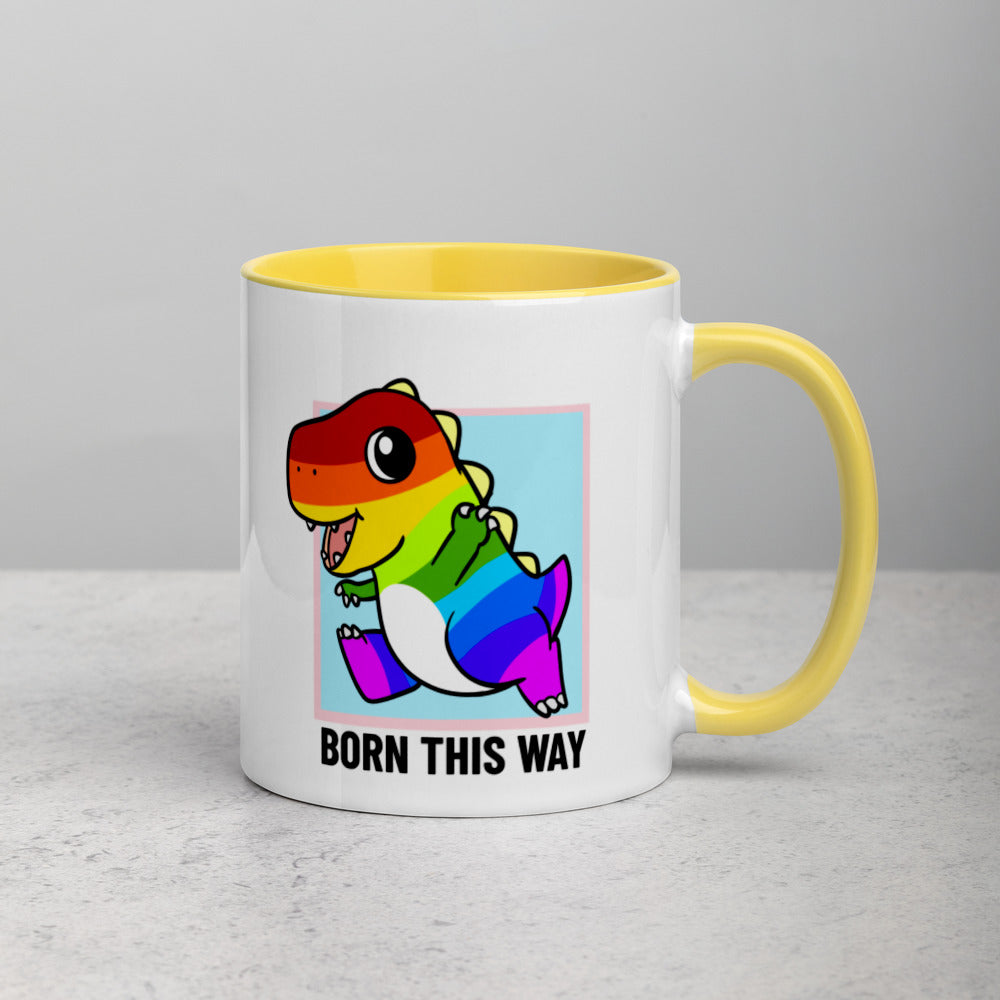 Born This Way LGBT Pride Cartoon Porcupine and Dinosaur Mug with Color Inside - Proud Libertarian - Cartoons of Liberty